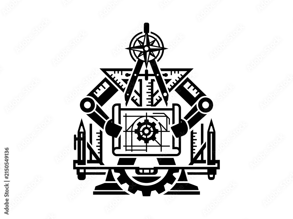 Naklejka premium Architectural and Engineering Robot Glyph with Drafting Tools and Blueprint - Black White Vector
