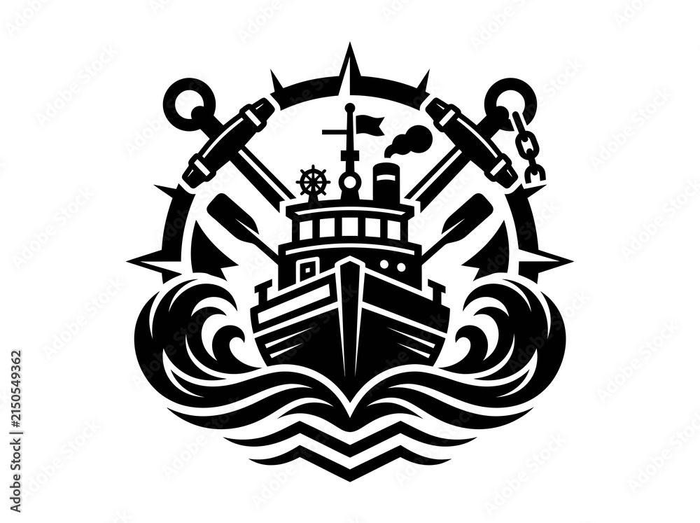 Obraz premium Maritime Ship and Anchors Emblem with Compass Rose - Black and White Vector Glyph Logo Icon