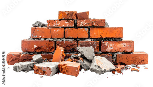 A pile of broken bricks and concrete rubble against a dark backdrop. isolated on white background
