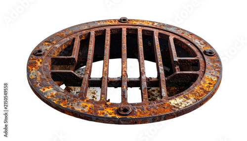 A close-up shot of a weathered, circular metal grate with prominent rust. isolated on white background