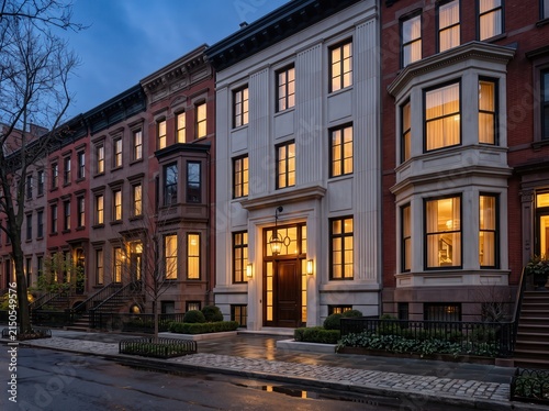 Evening townhouse row with white columned facade and bay windows