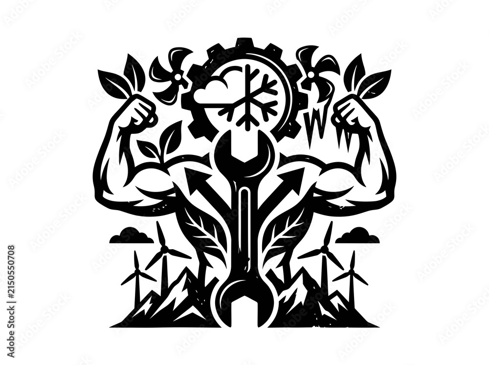 Fototapeta premium Strong Mechanic with Wind Turbines and Gear: HVAC Renewable Energy Art