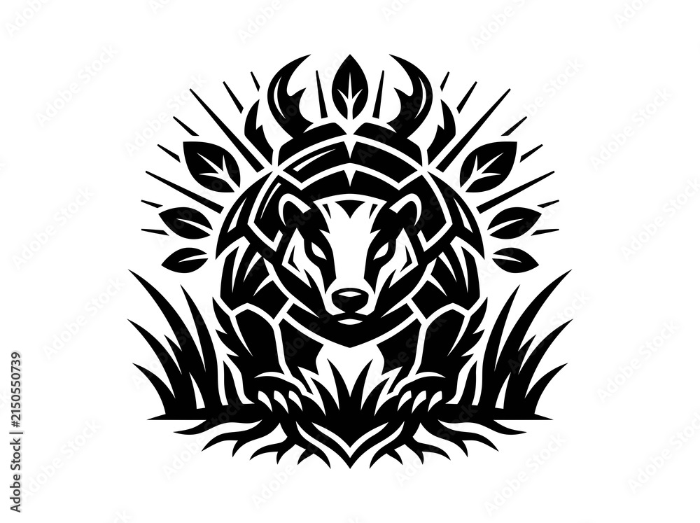 Fototapeta premium Black and White Badger Tribal Emblem in Grass - Wildlife Art