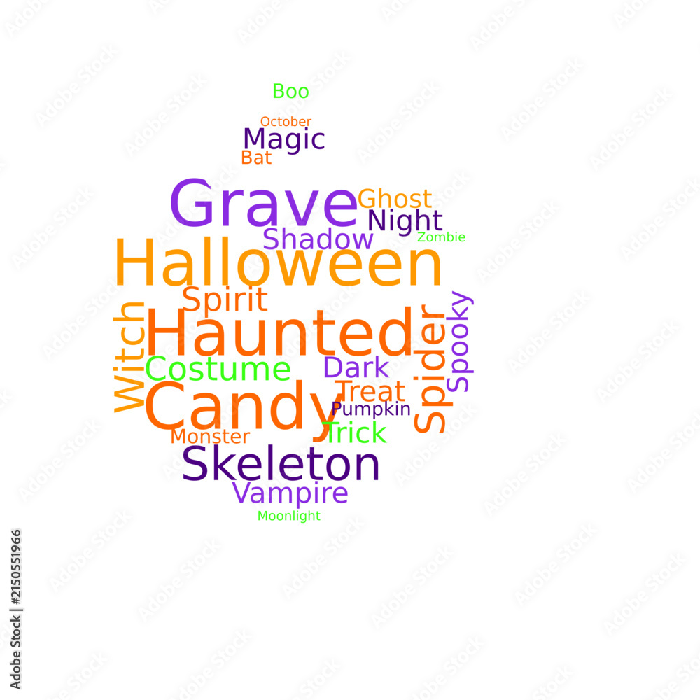 Obraz premium Halloween Word Cloud Illustration Shaped as Pumpkin, Python Generated Graphic Representing Festive Spooky Autumn Concept