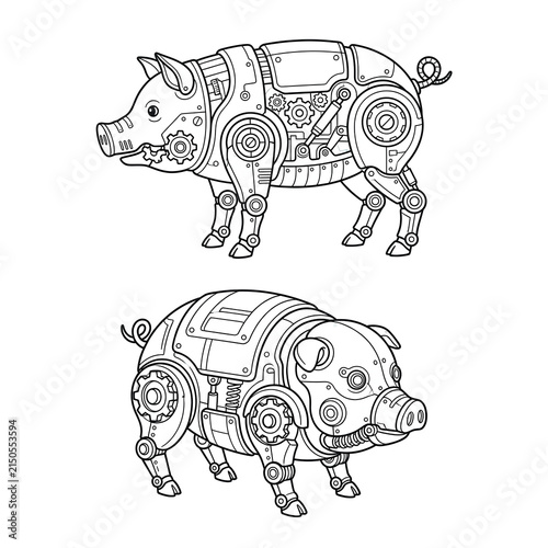 Intricate Mechanical Pig Illustrations for Design Projects.