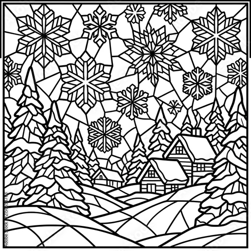 Intricate Winter Snowflake Pattern with Mountain Cabin Scene.