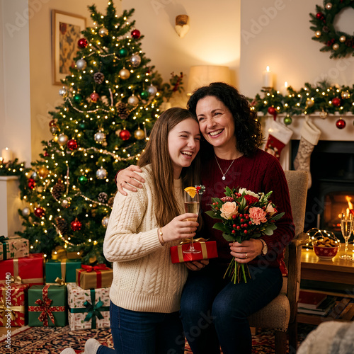 Joyful Christmas Celebration with Family and Festive Decorations.