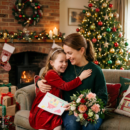 Joyful Christmas Celebration with Mother and Daughter.
