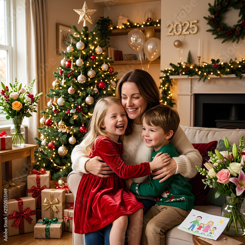 Joyful Family Celebrating Christmas with Gifts and Decorations 3.