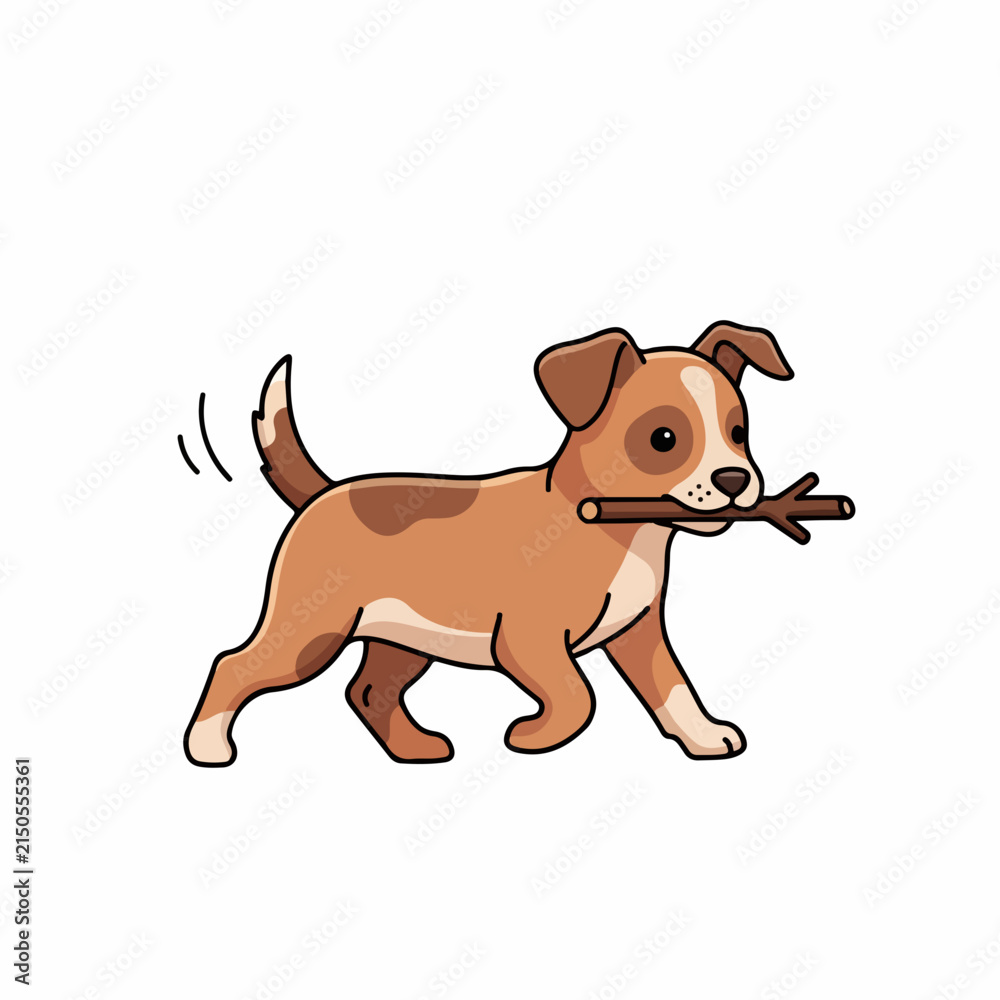 Obraz premium Cute Cartoon Dog Running with a Stick in Its Mouth