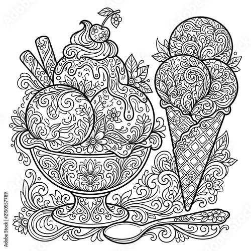 Intricate Coloring Page of Ice Cream and Fruit Dessert.
