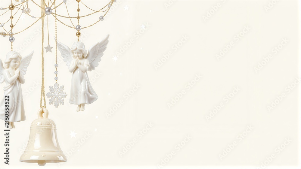 Obraz premium White angel figurines and bell hang gracefully against a soft, starry background.
