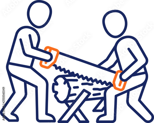 Foto Two-man crosscut saw icon with people cutting wood on sawbuck