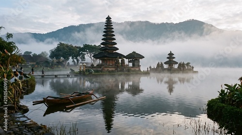 Scenic balinese water temple surrounded by morning mist and mountains