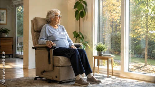 Elderly Woman Sitting in Lift Chair Recliner Looking Out Window at Autumn Landscape