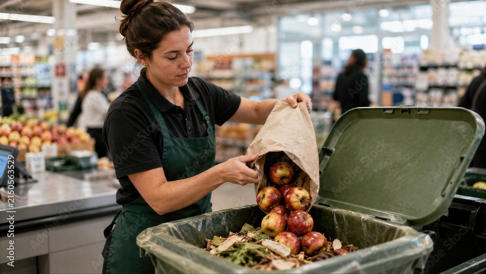 Fototapeta premium Supermarket Worker Emptying Old Apples into Green Compost Bin in Grocery Store