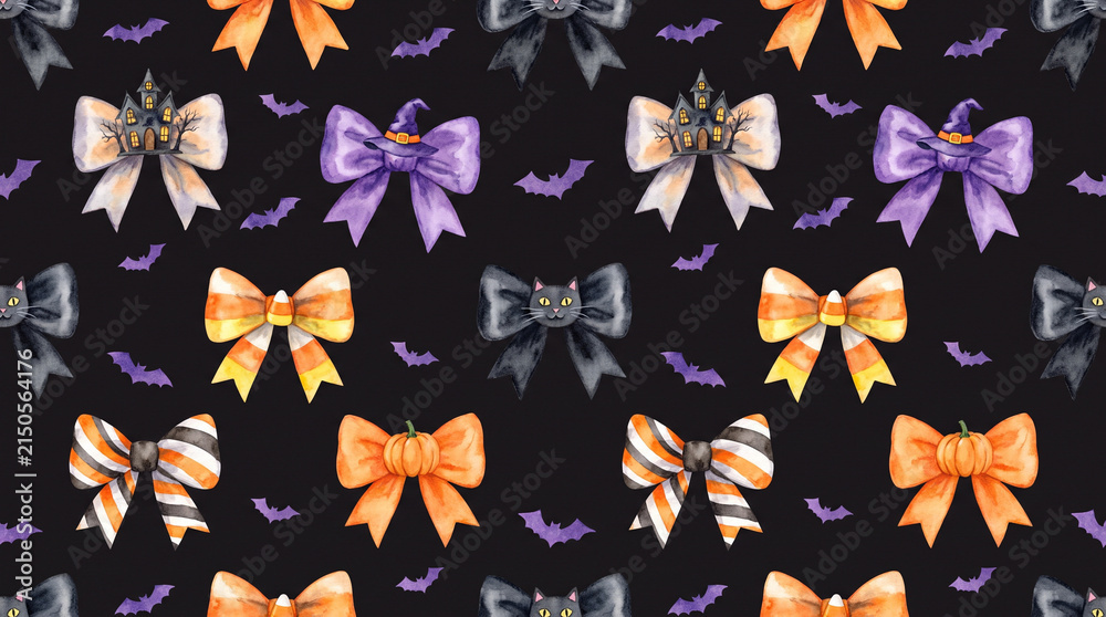Fototapeta premium Watercolor Halloween Bow Seamless Pattern with Witch Hats and Pumpkins