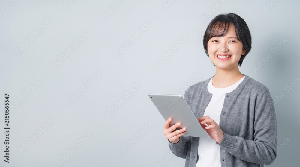 Obraz premium Portrait of a happy young Asian woman holding a digital tablet, looking at the camera with a bright smile. She is wearing casual clothes like a grey cardigan over a white t-shirt
