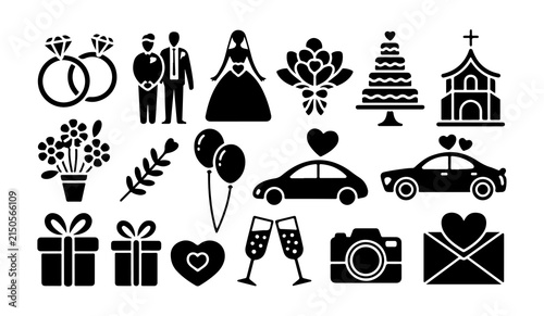 Black vector wedding icons featuring rings groom bride bouquet cake church balloons car and celebration gifts.