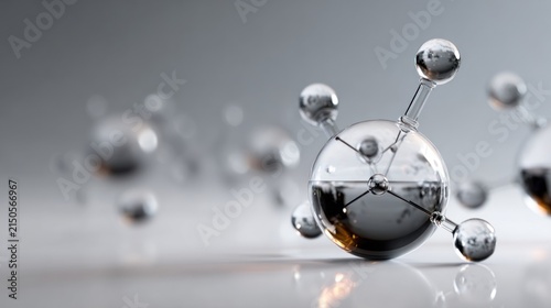 Close-up of atomic model with reflective metallic spheres and connecting rods illustrating