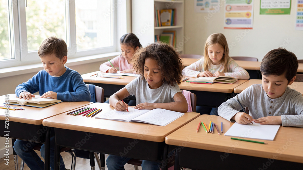 Fototapeta premium Children sit in a modern classroom and focus on their individual tasks while writing with pencils on white paper at wooden desks during a school day.