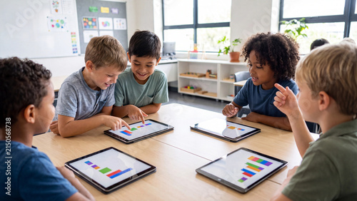 Students sitting at a wooden table in a classroom work collaboratively on digital tablets to analyze colorful data charts during a group lesson.