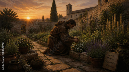 Monk Tending to Herbs in a Monastery Garden at Sunset