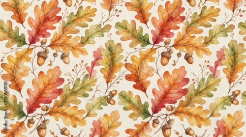 Ukraine pattern: watercolor oak leaf and acorn seamless print with ukrainian vyshyvanka embroidery