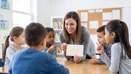 Teacher holds a blank card while sitting at a table with a small group of young students in a classroom setting to encourage interactive learning and student participation.