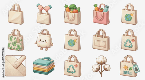Clean and Colorful Set of Eco Friendly Shopping Bags and Sustainable Lifestyle Illustrations Featuring Recycling Symbols Produce and Nature