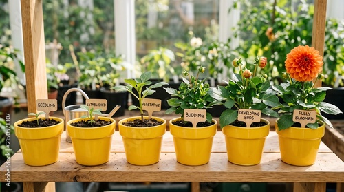 Yellow flower pots with seedlings on wooden shelf
