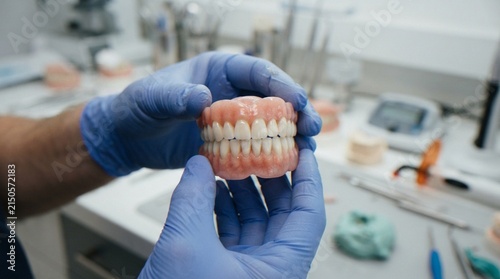 Fotografie A dental technician wearing blue nitrile gloves holds a completed set of dentures in a professional dental laboratory