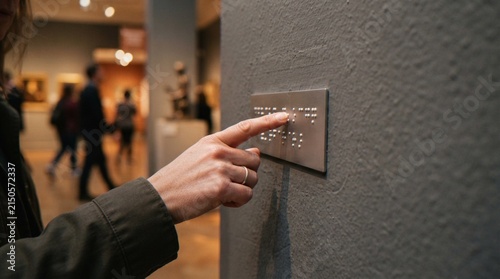 Bild auf Leinwand A close-up shot of a person's hand touching a braille sign on a wall inside a museum, highlighting accessibility and inclusive design