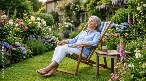 A smiling elderly woman relaxes in a striped deck chair in a lush garden. She is reading a book and holding a mug of tea.