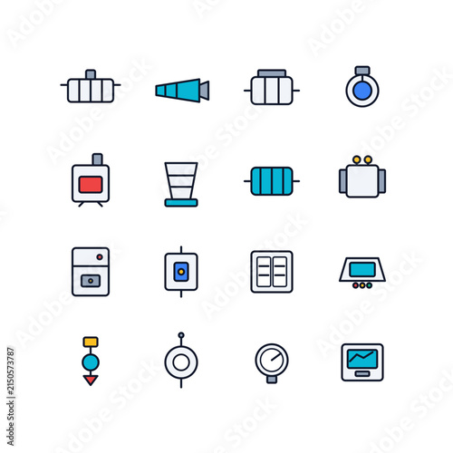 Premium flat vector icon collection of turbines, generators, boilers, transformers, switchgear, breakers, sensors and power controls for power plants, electrical engineering and industrial energy syst