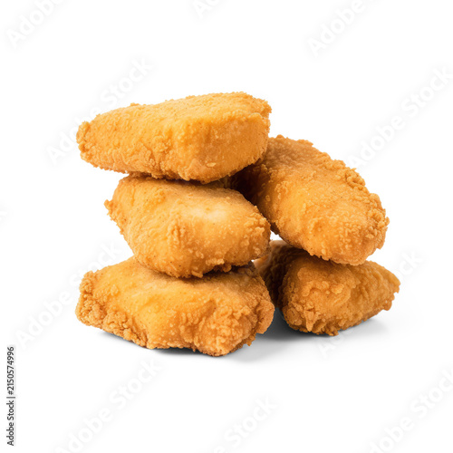 A stack of golden-brown chicken nuggets sits on a png transparent. The nuggets are irregularly shaped and have a crispy, textured coating.