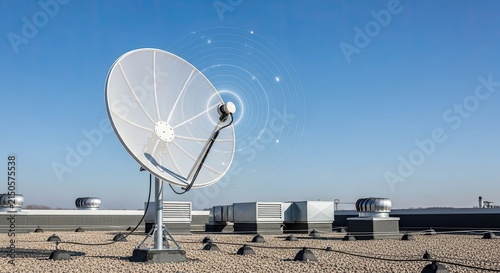 A large satellite dish is mounted on a rooftop against a clear blue sky. The dish is positioned on a gravel surface, with ventilation units and other rooftop equipment visible in the background.