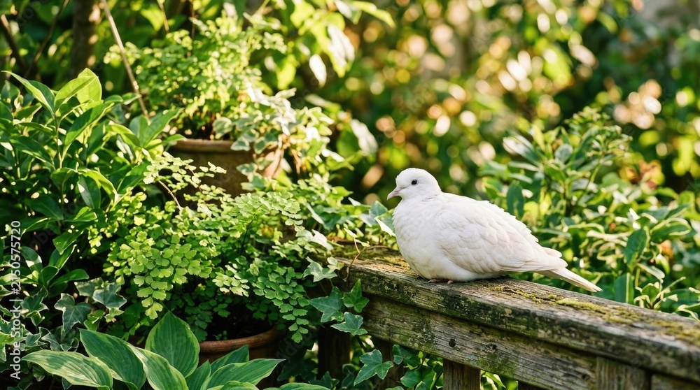 Obraz premium A white dove perches on a weathered wooden fence, amidst lush green foliage. Sunlight filters through the leaves, creating a dappled light effect.