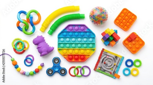 Flat lay assortment of colorful sensory fidget toys and stress relief gadgets with colorful relaxation development educational collection silicone concentration creative childhood stimming