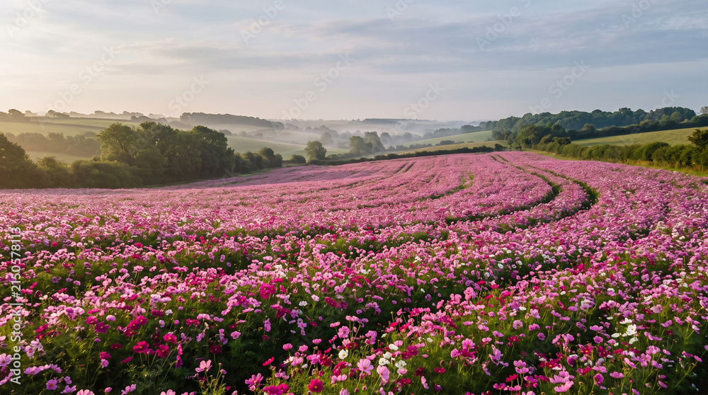 Fototapeta premium Stunning panoramic view of a vibrant pink flower field blooming peacefully during a misty early morning sunrise landscape