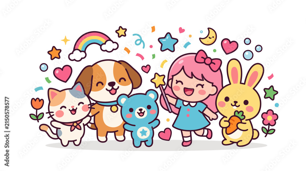 Fototapeta premium Cute Cartoon Friends: Girl, Dog, Cat, Rabbit, Bear, Rainbow