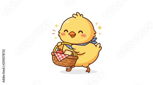 Cute chick with picnic basket, happy easter chick illustration