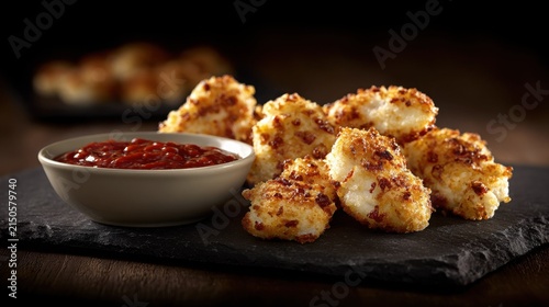 Golden Brown Mozzarella Sticks with Marinara Dipping Sauce on a Slate Platter