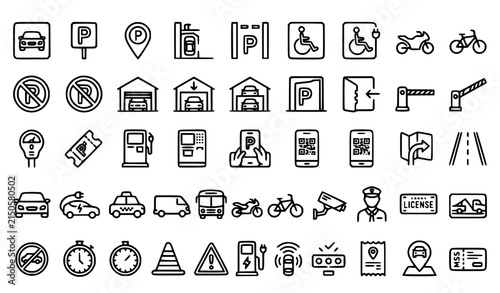 Parking Line Icons Set with Car Parking Public Parking Location Sign and Editable Stroke Vector