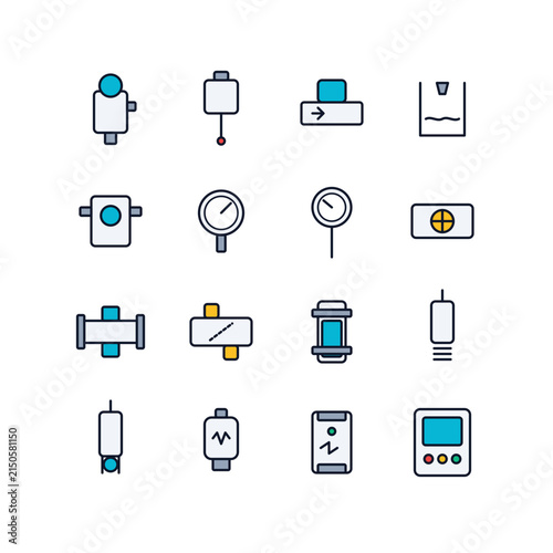 Premium flat vector icon collection of pressure, temperature, flow and level instruments, sensors, gauges and control panels for industrial measurement, automation and process engineering.