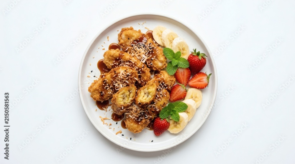 Fototapeta premium Top Down Flat Lay Crispy Indonesian Pisang Goreng Banana Fritters Golden Crunchy Palm Sugar Syrup