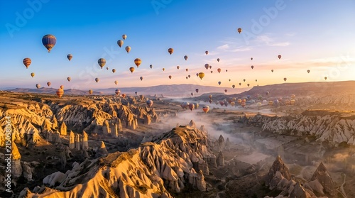 Breathtaking view of multiple vibrant hot air balloons rising over the dramatic fairy chimneys and misty valleys of Cappadocia, Turkey at sunrise.