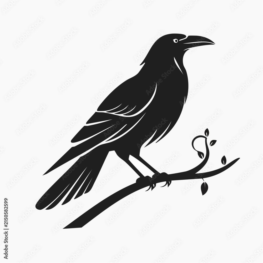 Fototapeta premium Black Crow Perched on a Branch Silhouette Illustration