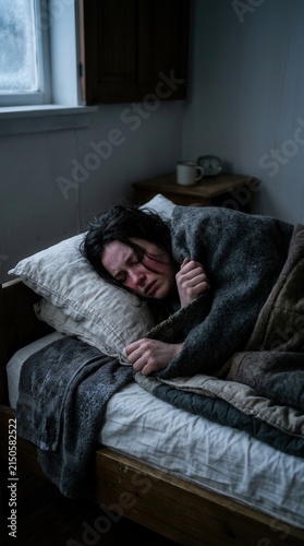Woman Sleeping In A Rustic Bed Feeling Cold And Unwell