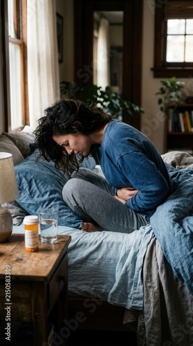 Woman Suffering Abdominal Pain Holding Stomach On Bed Seeking Relief